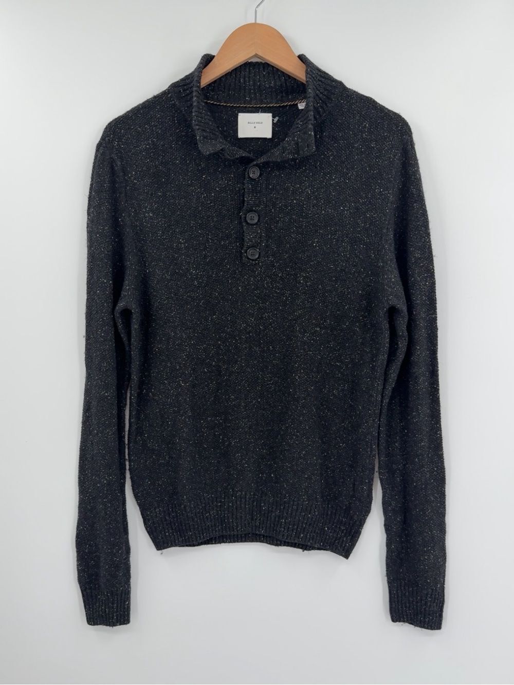 Billy Reid Cotton Silk Wool Blend Henley Sweater | Charcoal Speckle | Medium
